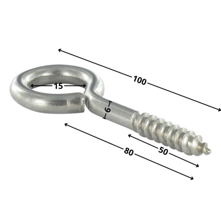 1 x Piton Bois 6X80 Filetée sur 50 Longueur total 100 Oeil 15 Inox A2