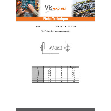 1 x VBA Vis bois agglo Inox A2 Tête fraisée 6X45 Filetée sur 30 TORX T25