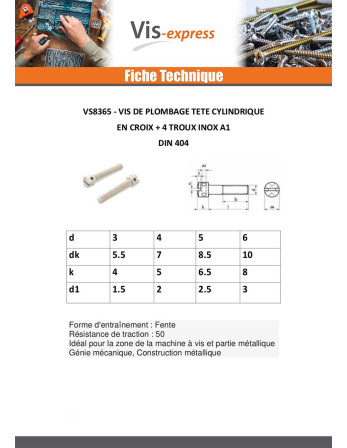 Vis métaux Tête cylindrique TC Percée En Croix 4 Trous Inox A1 3X12
