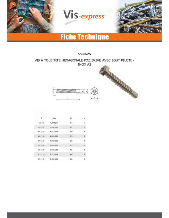 Vis tôle Tête hexagonale TH Pozi Bout pilote Inox A2 4.8X30 Filetée sur 24