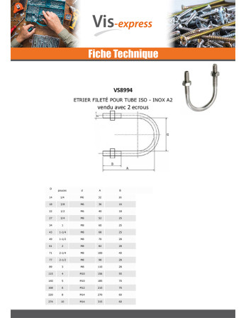 Étrier Inox A2 Fond rond à Tube De 115 Fileté M10/55