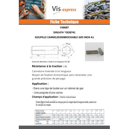 1 x Goupille cannelée embrochable Inox A1 G05 6X30
