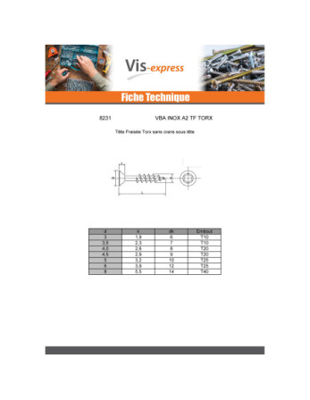 VBA Vis bois agglo A2TF 8X120 Filetée sur 70 TORX T40