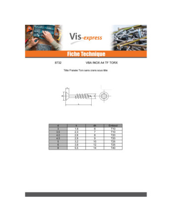 VBA Vis bois agglo Tête fraisée 5X90 Filetée sur 60 TORX T25 Inox A4