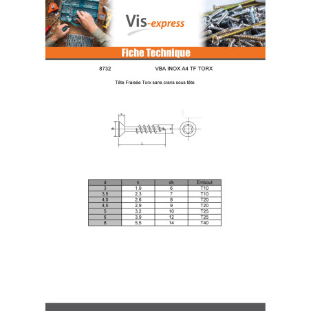 1 x VBA Vis bois agglo Tête fraisée 5X90 Filetée sur 60 TORX T25 Inox A4