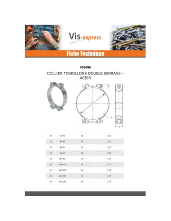 Collier à tourrilon double serrage Diamètre 86 à 91 Acier zingué W1