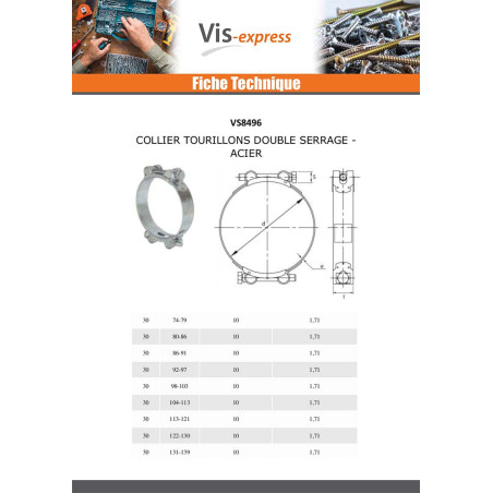 1 x Collier à tourrilon double serrage Diamètre 300 à 325 Acier zingué W1