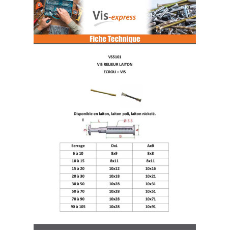 1 x Vis Relieur M4 Laiton nickelé Pour Serrage 50 à 70