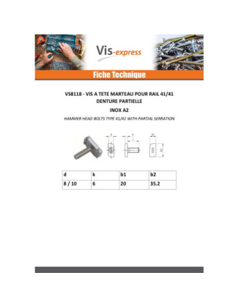 Vis métaux Tête marteau 20X35.2X6 M10X30 Inox A2 T41/41