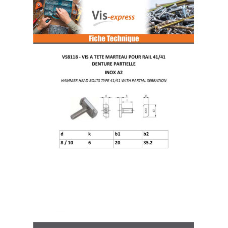 1 x Vis métaux Tête marteau 20X35.2X6 M8X30 Inox A2 T41/41