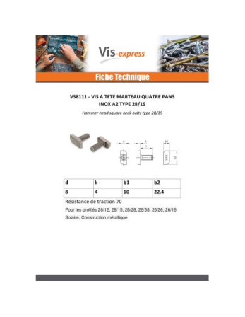 Vis métaux Tête marteau 10X10X4 M8X20 Inox A2 pour profilés 28/15