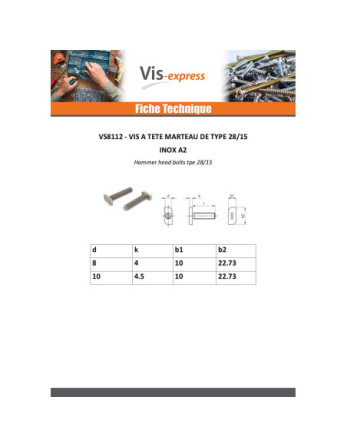 Vis métaux Tête marteau 10X4.5X22.73 M8X25 Inox A2 pour profilés 28/15