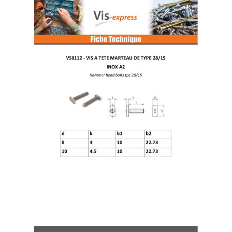 1 x Vis métaux Tête marteau 10X4.5X22.73 M8X50 Inox A2 pour profilés 28/15