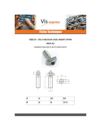 Vis métaux Tête marteau 17.2X8X6 EDPM M8X18 Inox A2