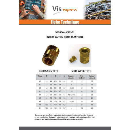 1 x Insert Sans tête SONICFIX Laiton M3X5.7