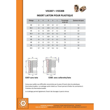 1 x Insert Avec Tête BROACHFIX Laiton M6X9.2
