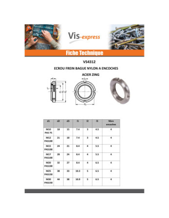 Ecrou frein à ENCOCHES Acier zingué M35 Pas de 150