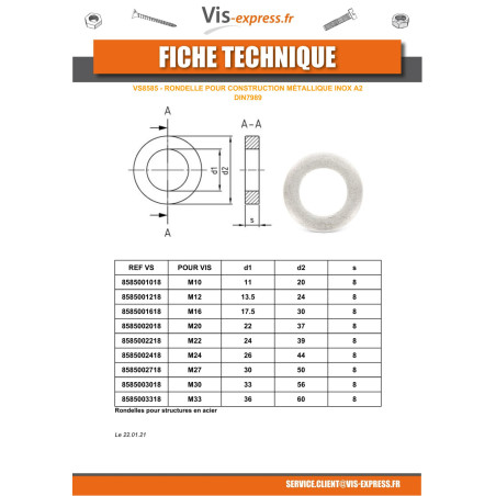 1 x Rondelle CONSTRUCT Métallique Inox A2 M20X37X8