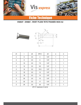 Rivet à frapper Tête fraisée Inox A2 3X12