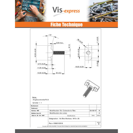 1 x Vis métaux Tête marteau M10X35 Inox