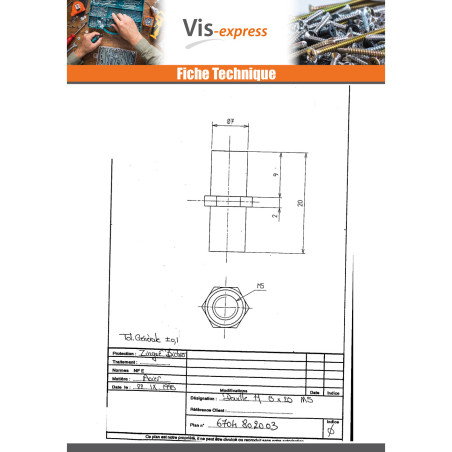 1 x Douille Hexagonal Bichromaté 8X20 M5 Sur plat 8