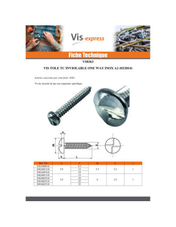 Vis tôle Inviolable Tête cylindrique TC One way 3.5X13 Inox A2