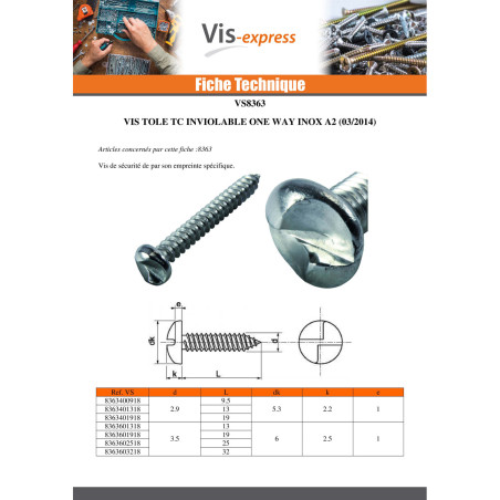 1 x Vis tôle Inviolable Tête cylindrique TC One way 3.5X13 Inox A2
