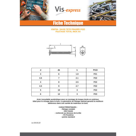 1 x VBA Vis bois agglo Tête fraisée Pozi N°2 3.5X15 Filetage total Inox A4