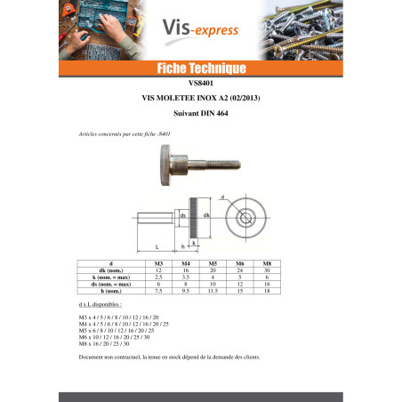 1 x Vis métaux Moletée M8X16 Inox A1