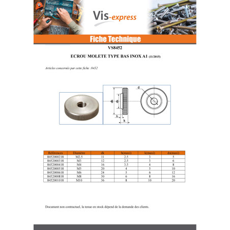 1 x Ecrou MOLETES Type bas M3 Inox A1