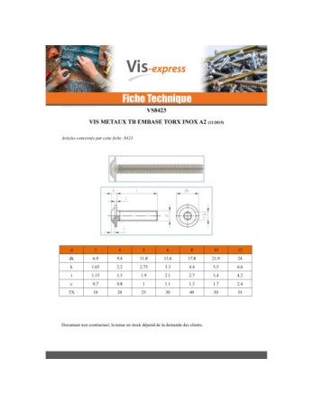 Vis métaux Tête bombée Embase collerette TORX T25 M5X22 Filetage total Inox A2