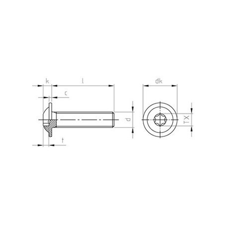 1 x Vis métaux Tête bombée Embase collerette TORX T30 M6X8 Filetage total Inox A2