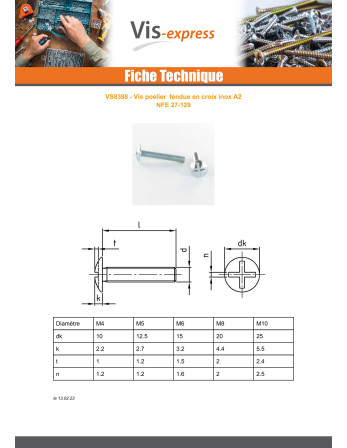 Vis Poelier Fendue En Croix M10X65 Filetage total Inox A2