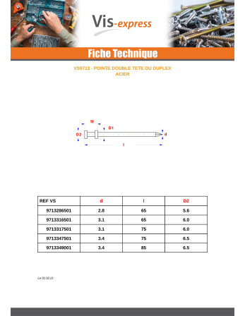 Kg de pointes Double Tête Acier brut 3.4X85