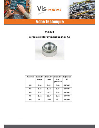 Ecrou à riveter Cylindrique M5 Epaisseur tole 10 Inox A2