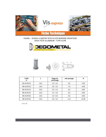 Ecrou A sertir Tête plate TP Borgne M4X16.5 ALPB 25 Aluminium