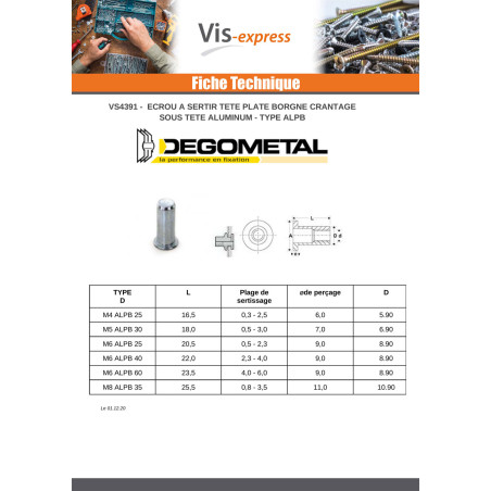 1 x Ecrou A sertir Tête plate TP Borgne M4X16.5 ALPB 25 Aluminium