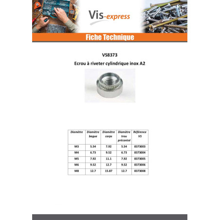 1 x Ecrou à riveter Cylindrique M4 Epaisseur tole 14 Inox A2