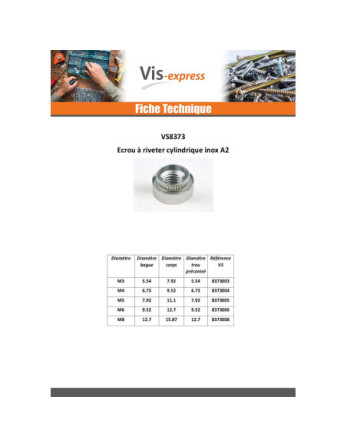 Ecrou à riveter Cylindrique M6 Epaisseur tole 10 Inox A2