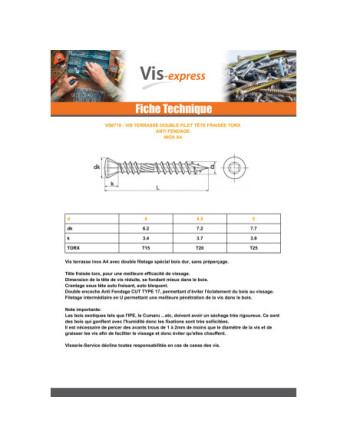 Vis terrasse Double filet Tête fraisée TF TORX T15 4X40 Inox A4 T17