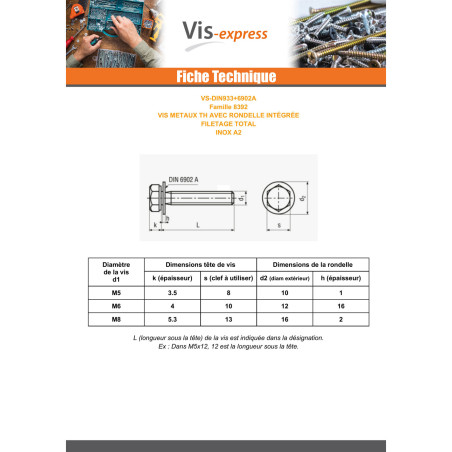 1 x Vis métaux Tête hexagonale TH Filetage total Avec RD IMP M5X16 Inox A2