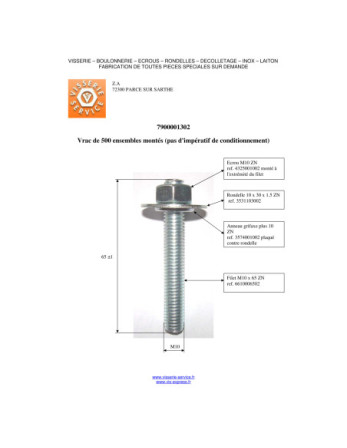 Filet M10X65 Avec Ecrou + Rondelle + GRIFAXE Acier zingué
