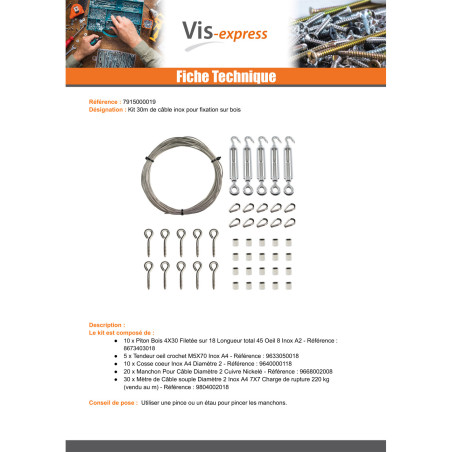 1 x Kit 30 mètres de cable inox diamètre 2