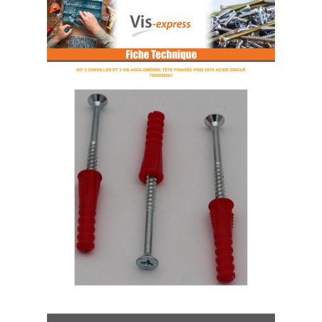 1 x KIT 3 Cheville Rouge 9X39 Avec 3 VBA Vis bois agglo