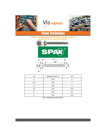 Spax Vis bois Tête fraisée Pozi N°1 3.5X20 Filetage total 4CUT Inox A2