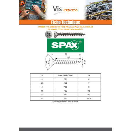 1 x Spax Vis bois Tête fraisée Pozi N°1 3.5X20 Filetage total 4CUT Inox A2