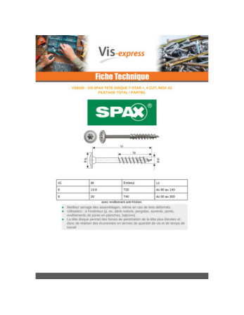 Spax Vis charpente tête disque Inox A2 8X160 Filetée sur 80 TORX T40