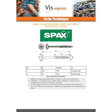 1 x Spax Vis charpente tête disque Inox A2 8X60 Filetage total TORX T40