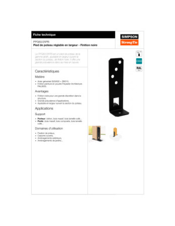 Pied de poteau réglable SIMPSON Strong Tie 200X55 RAL9005 noir foncé