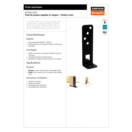 1 x Pied de poteau réglable SIMPSON Strong Tie 200X55 RAL9005 noir foncé